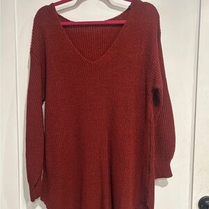 Women's V-Neck Knit Sweater - Red